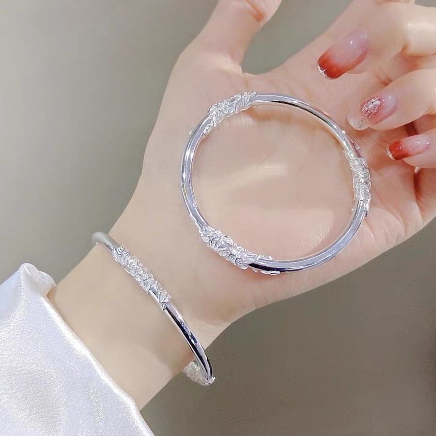 足银手镯 足银9999手镯女纯银镯子花丝繁花似锦闭口年轻款送女友