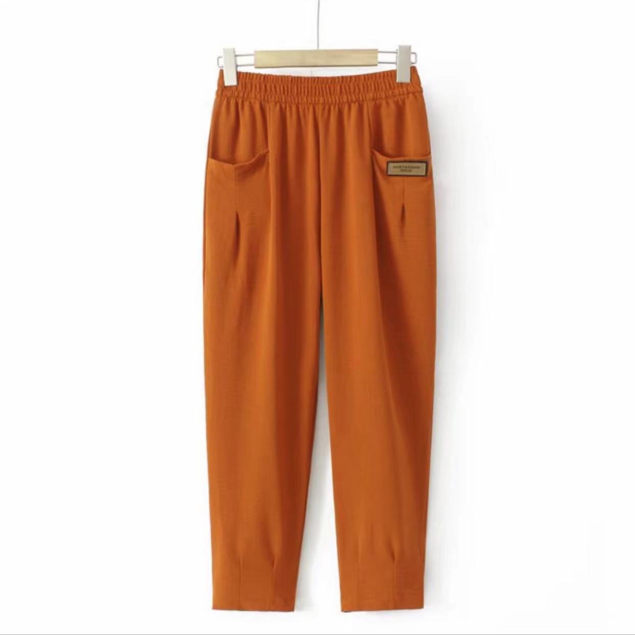 夏季新款休闲裤女口袋九分裤纯色松紧哈伦裤中年妇女洋气高腰裤子