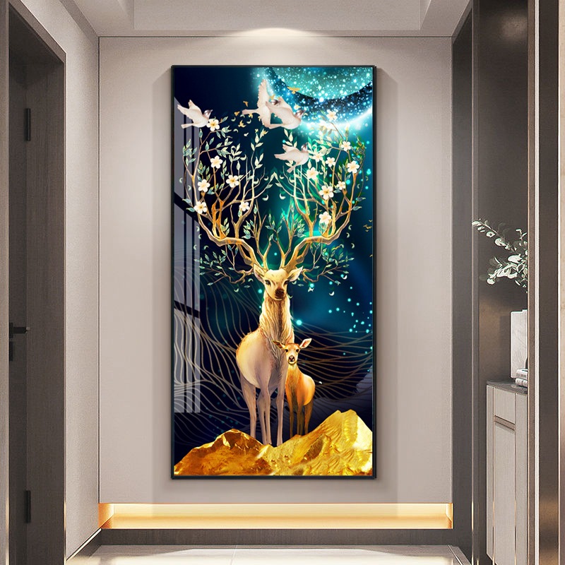 正对门过道走廊壁画山水墙画麋鹿现代简约入户玄关装饰晶瓷画挂画