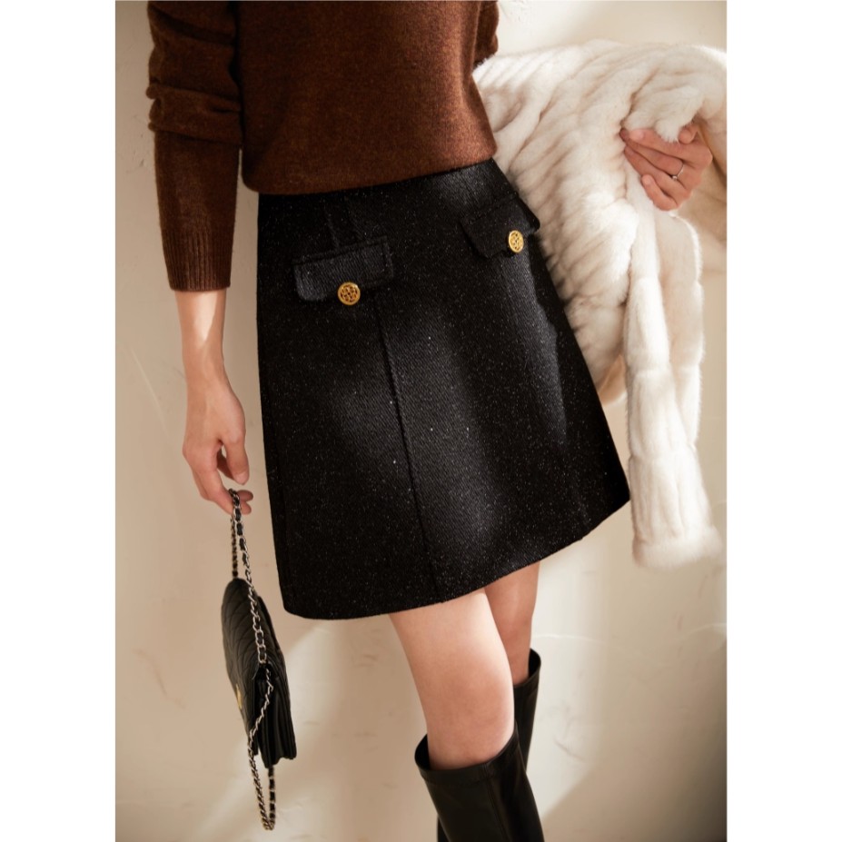 璀璨星空 黑色细闪小香风半身裙髙腰A字裙一步裙时尚百搭短裙秋冬