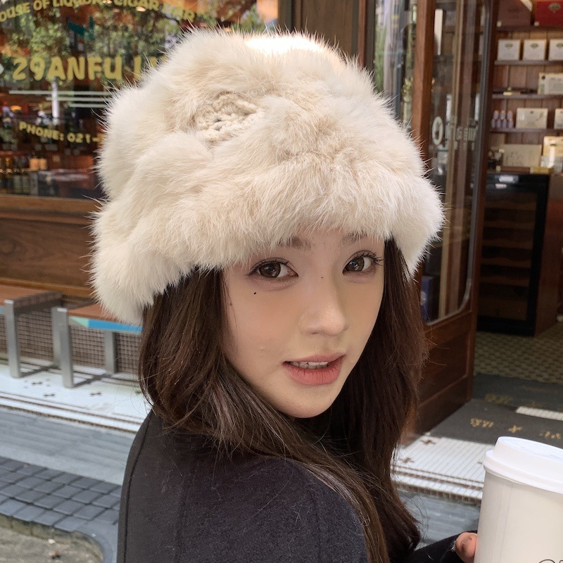 韩版可爱手工钩花兔毛帽子女显脸小秋冬皮草帽护耳保暖毛绒针织帽