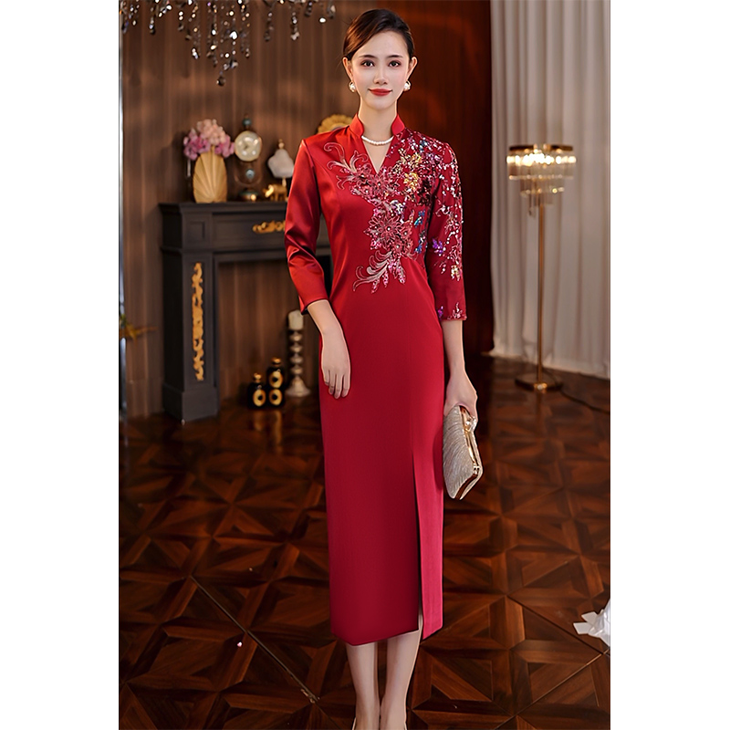 礼服中长款设计师小众轻奢高贵婚宴婚礼妈妈生日宴会酒红色连衣裙