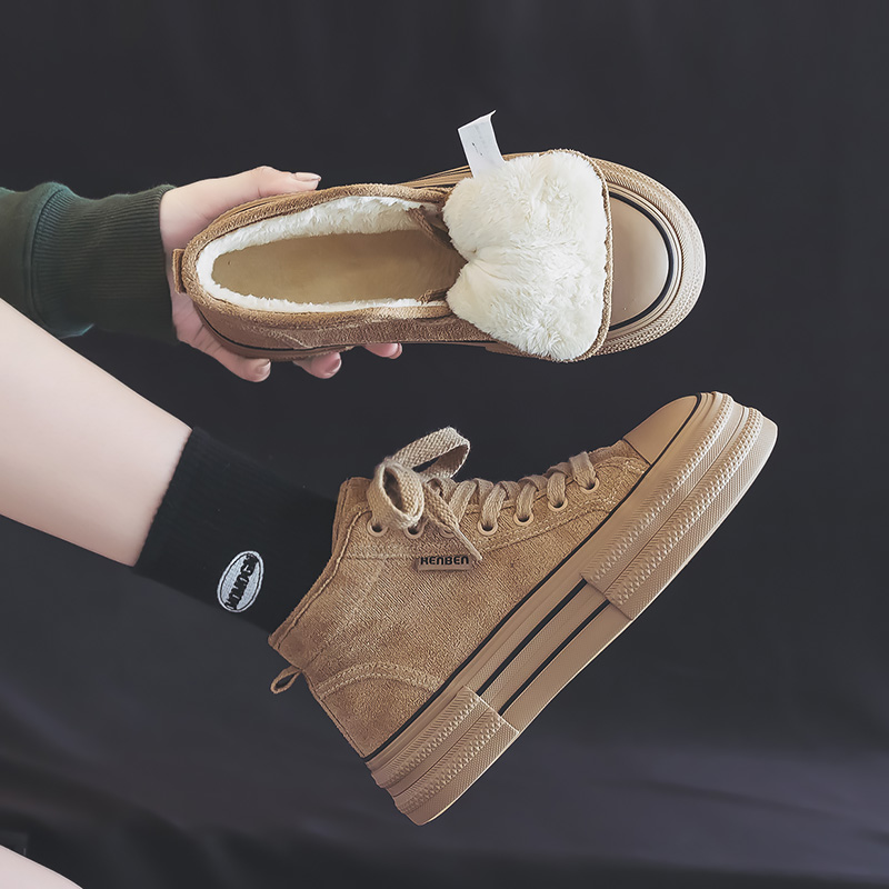 人本加绒保暖棉鞋女2025冬季新款百搭厚底休闲ins韩版加厚高帮鞋