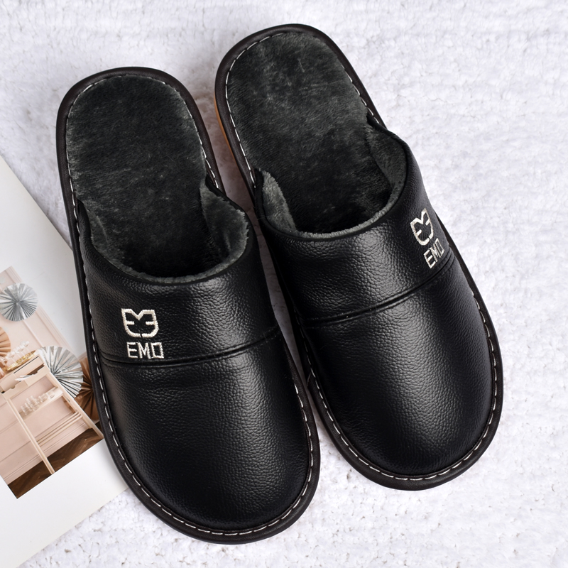 秋冬包头不臭脚真皮家居拖鞋女室内家用防滑软底牛皮保暖拖鞋男