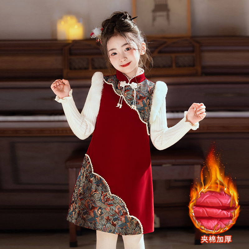 xhg2218女童旗袍加厚中国风夹棉保暖女宝宝拜年连衣裙春秋款子