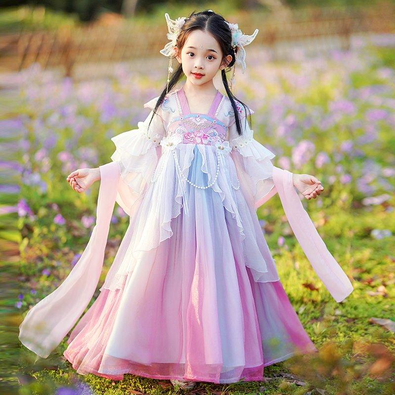 99357女童古装汉服裙子春秋款国风连衣裙小女孩超仙襦裙子春秋款