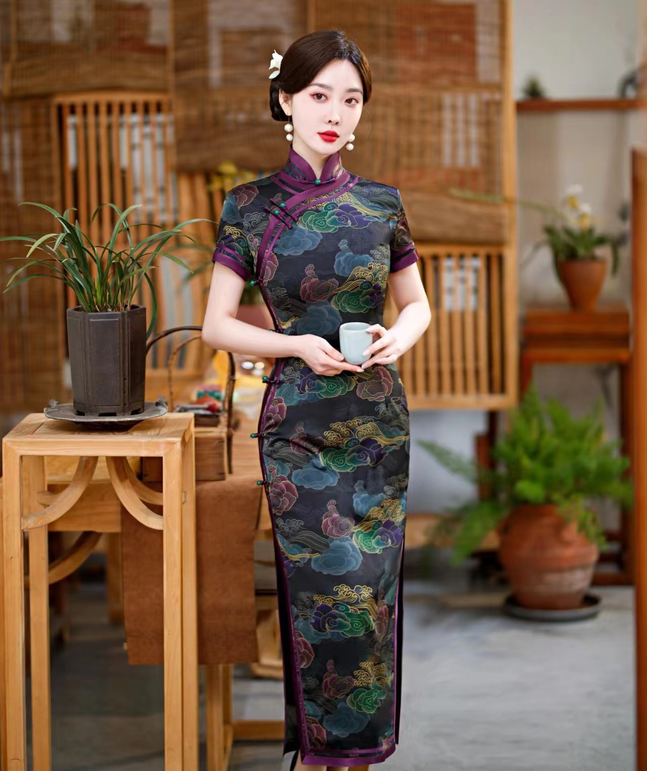 【祥云】中国风旗袍气质修身显瘦复古中长款走秀旗袍A-2