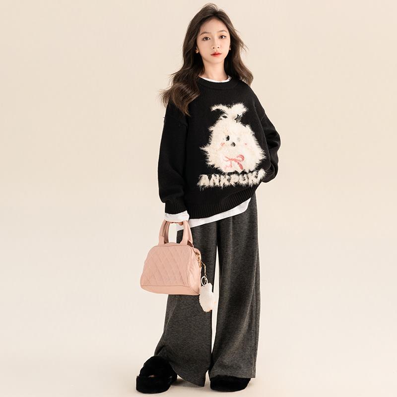 范哲萨女童毛衣秋装套装2024新款洋气女大童春秋针织线衣儿童圆领