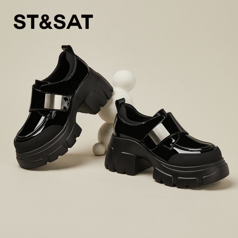 星期六真皮厚底乐福鞋女鞋2025新款秋季英伦风单鞋漆皮高跟小皮鞋