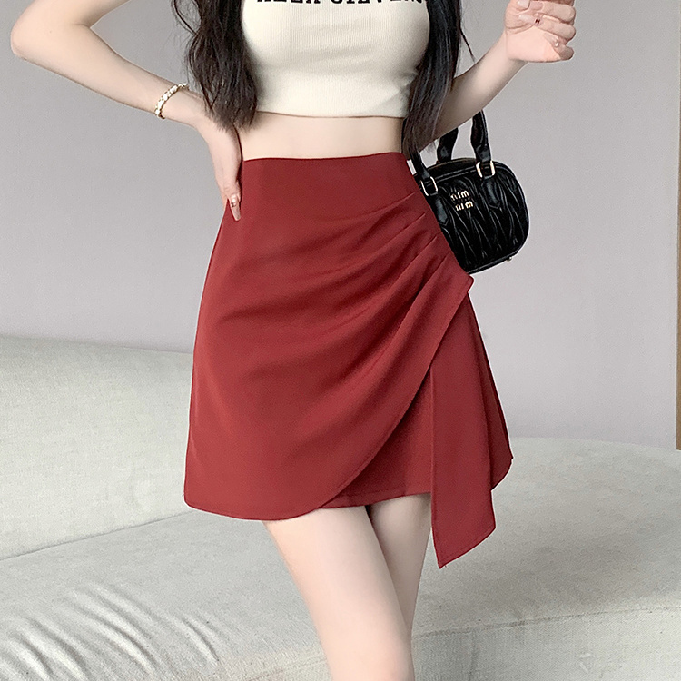 高腰显瘦不规则褶皱短裙女春夏新款韩版休闲飘带百搭a字包臀短裙