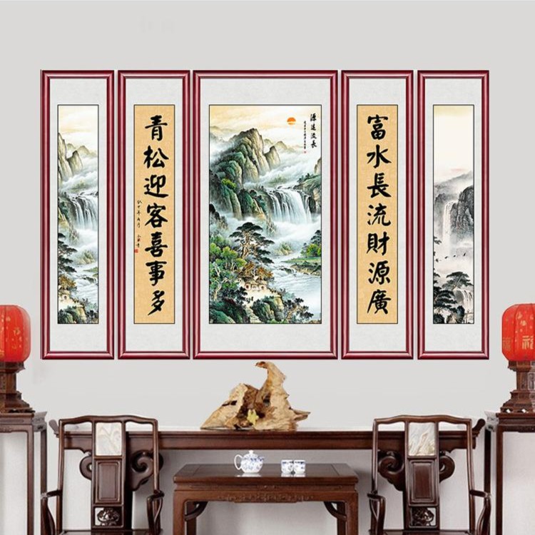 中堂画农村堂屋大气客厅装饰画中式山水画靠山新中式挂画五联画