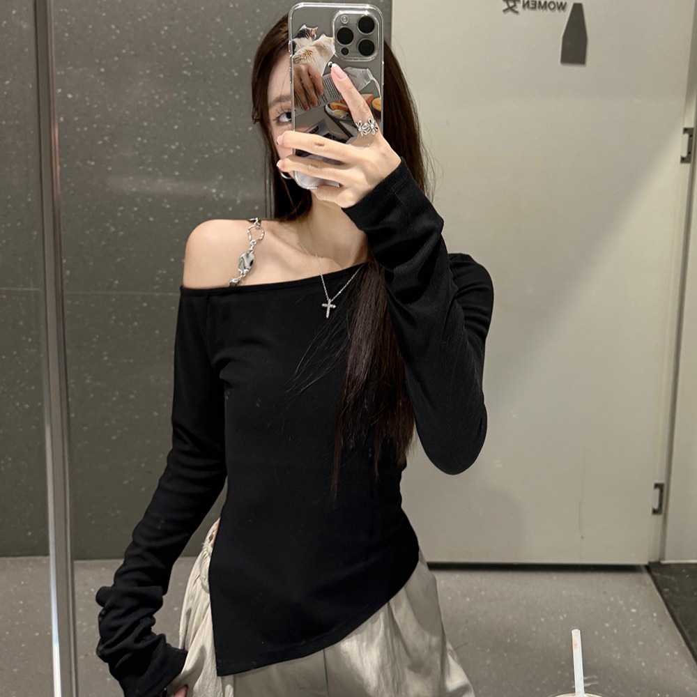 韩系设计感斜露肩不规则长袖修身T恤女春秋冬季气质显瘦开叉上衣