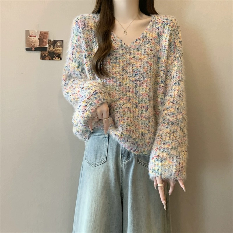 2025秋冬温柔彩点慵懒风毛衣女套头宽松百搭软糯V领针织衫上衣外
