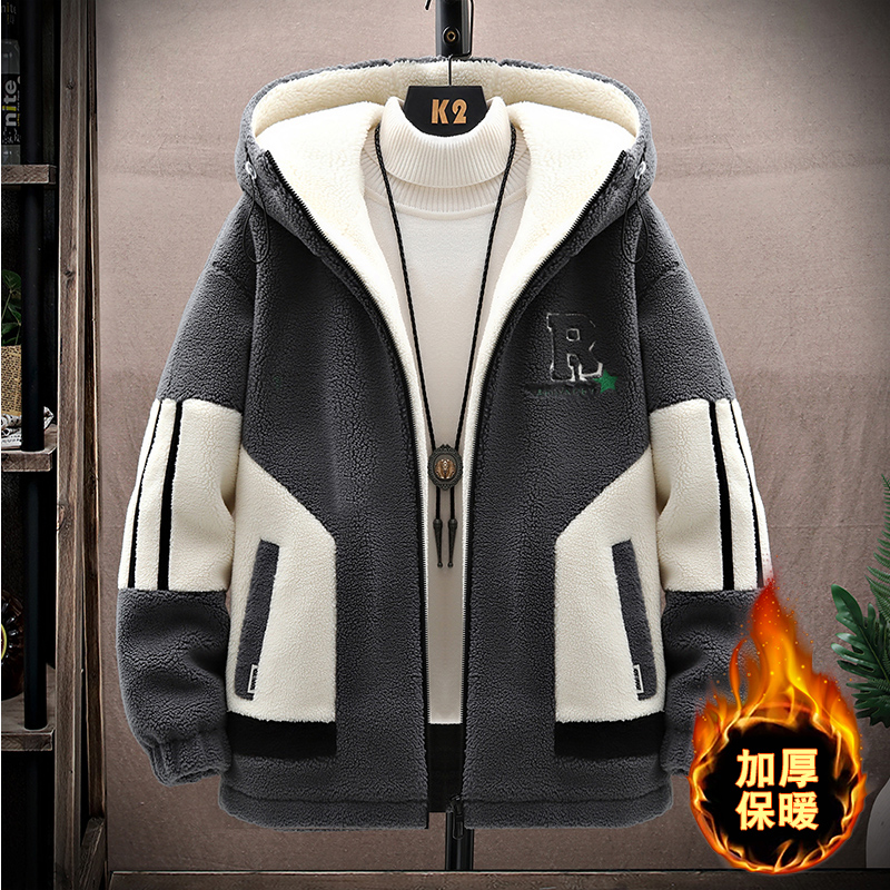 羊羔绒外套男孩冬季新款学院风男装加厚学生青少年颗粒绒棉衣男童