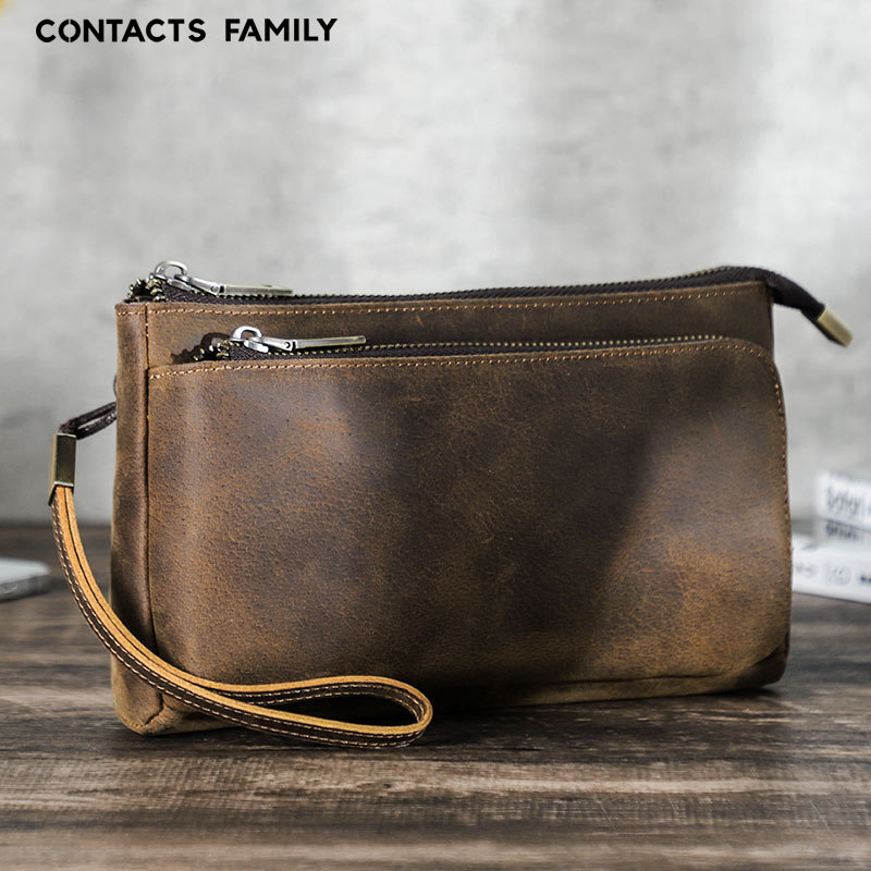 疯马皮复古休闲手拿包简约大容量带手腕多功能手机配件牛皮收纳包