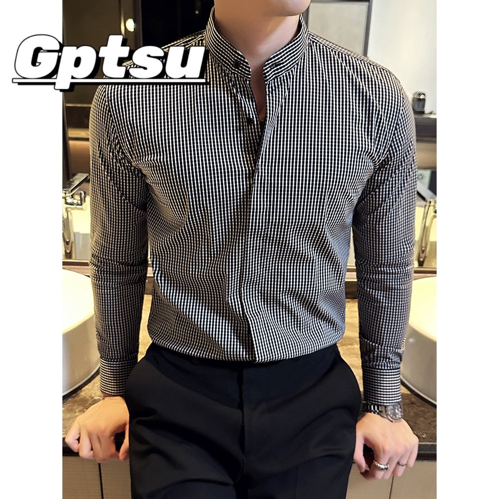 GPTSu高级感格纹衬衫男长袖商务休闲时尚英伦修身帅气暗扣衬衣男