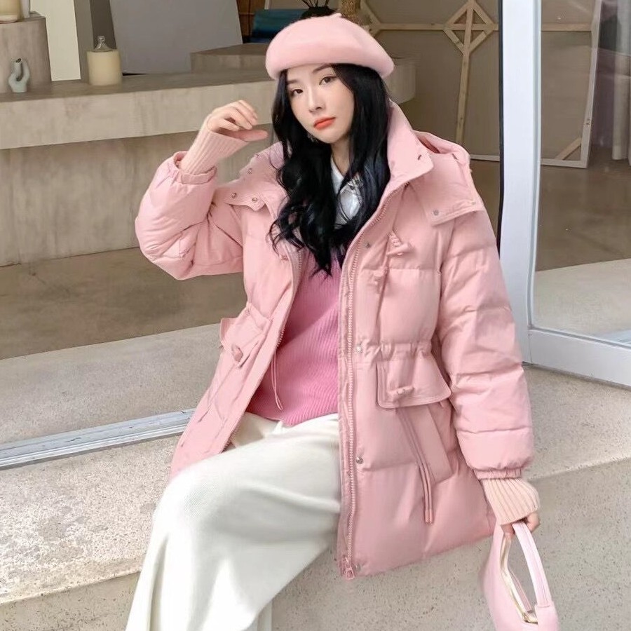 2025年新款连帽收腰显瘦时尚百搭白鸭绒小个子女中长款羽绒服外套