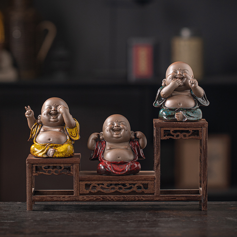 炼器中式禅意三不弥勒佛像小摆件陶瓷笑佛客厅玄关装饰品高端茶宠