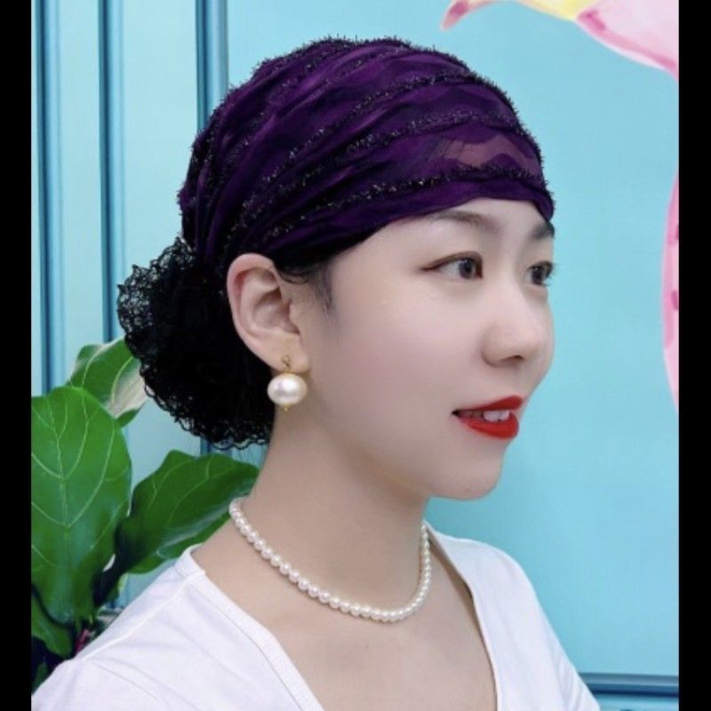 夏季新款包头帽轻薄透气网纱盘花头巾帽遮盖白发发带帽碎发厨房帽