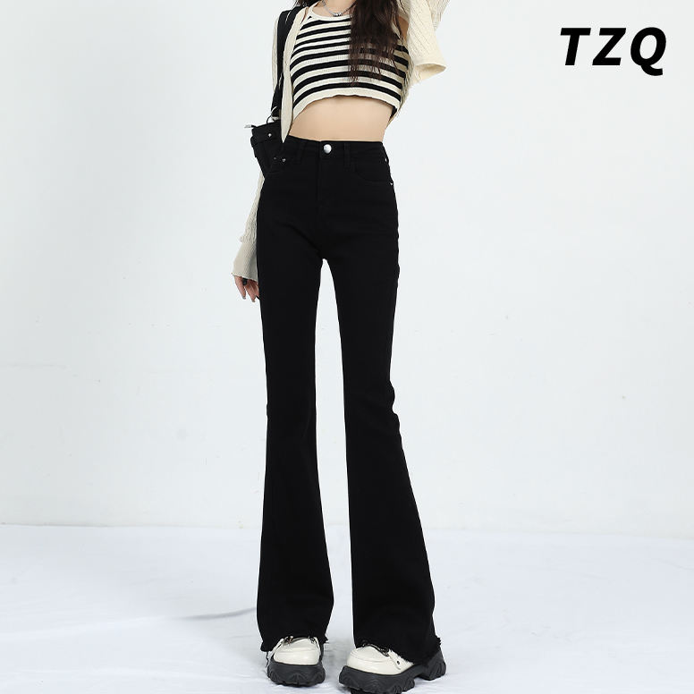 毛边微喇牛仔裤女爆款2025秋季新款紧身黑色高腰显瘦小个子喇叭裤