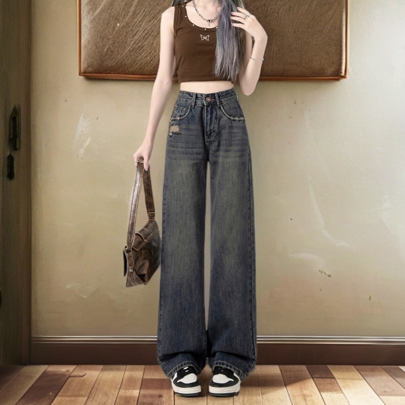 水泥灰直筒阔腿裤女款爆款秋季破洞复古宽松垂感牛仔裤子日系女装