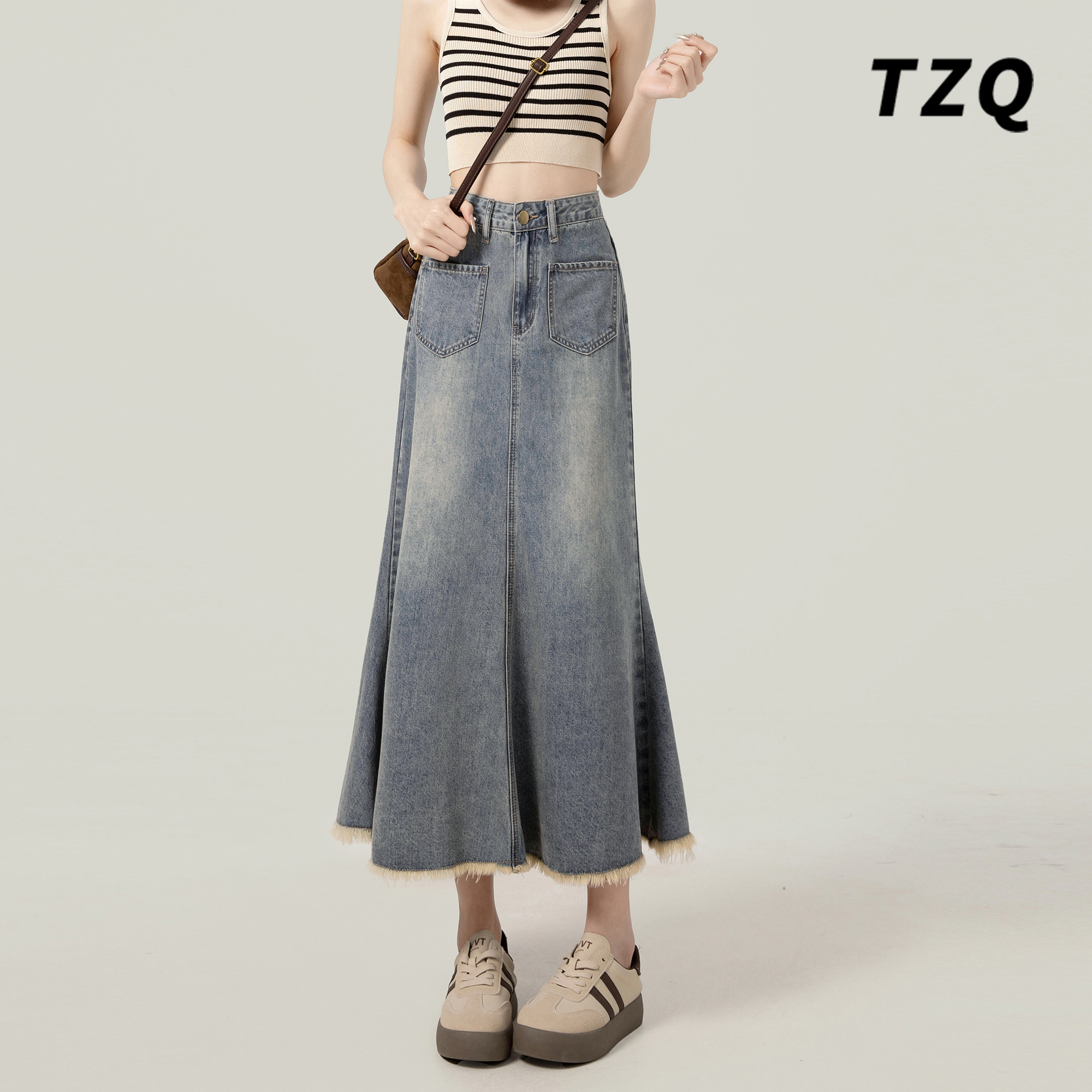 高腰牛仔半身裙女爆款2025款梨形遮胯显瘦长款包臀裙子TZQ032202