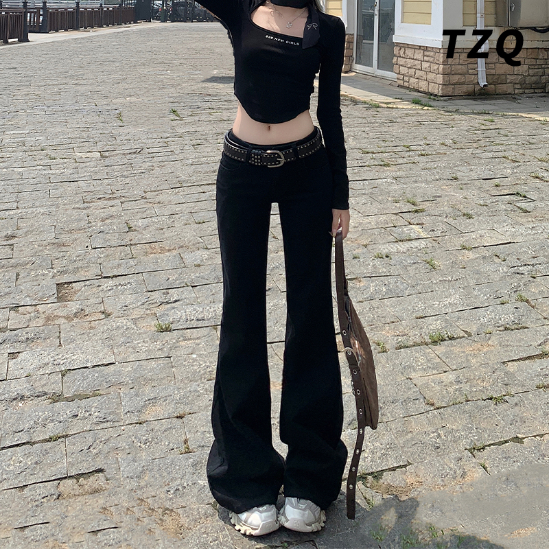 美式辣妹低腰显高微喇裤女时尚显瘦遮胯喇叭黑色牛仔裤子TZQ80932