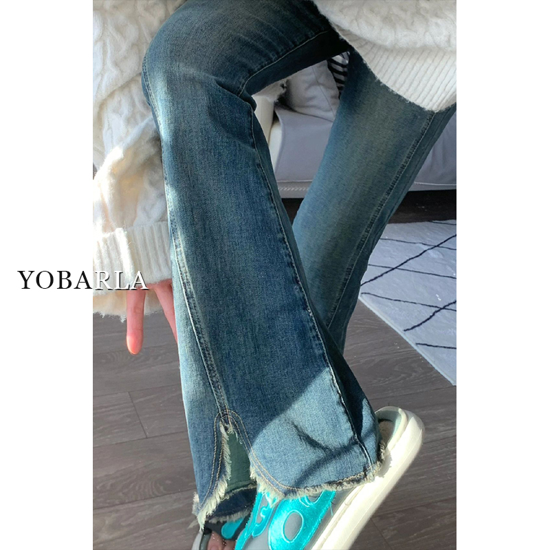 复古微喇牛仔裤女冬季加绒胖mm大码显瘦梨形身材毛边开叉喇叭裤子