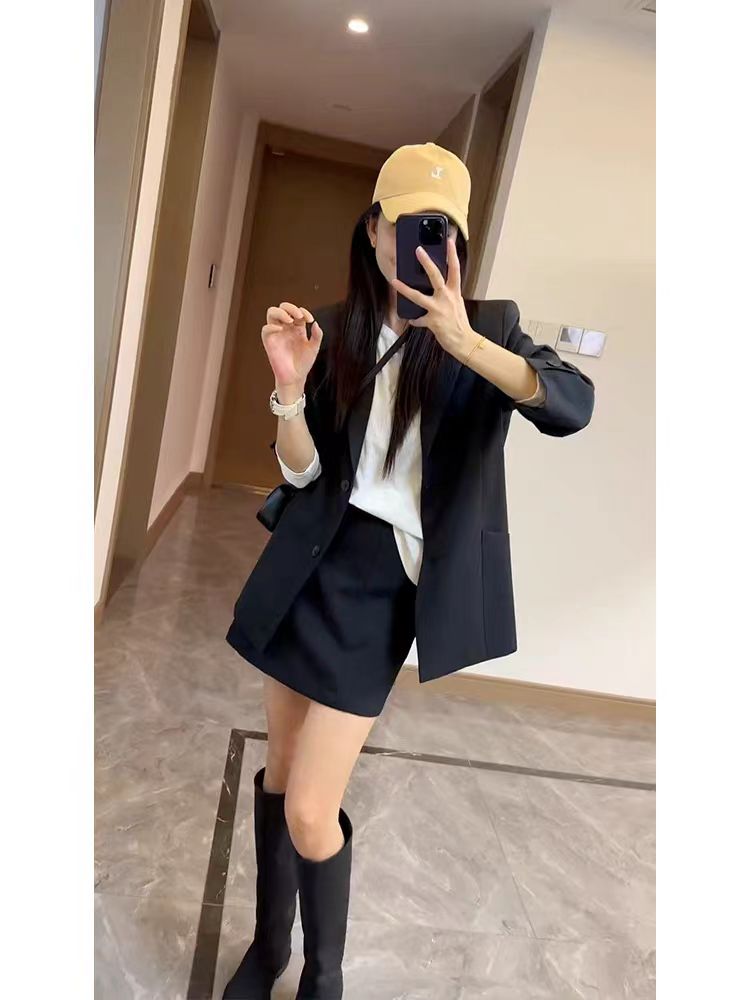 时髦韩系套装西服chic小个子别致黑色西装外套短裙通勤两件套春秋