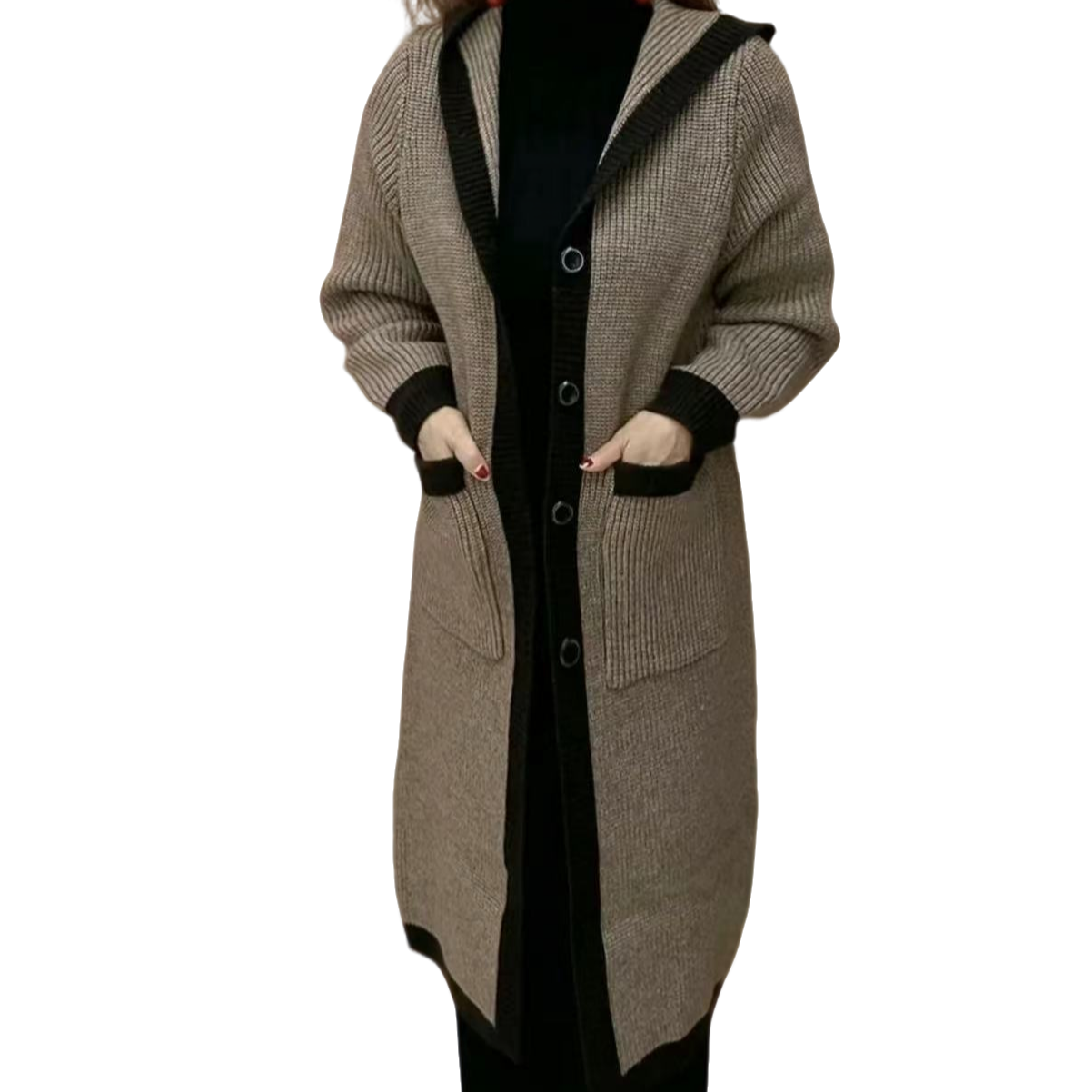 新款时尚洋气连帽气质中长款针织外套