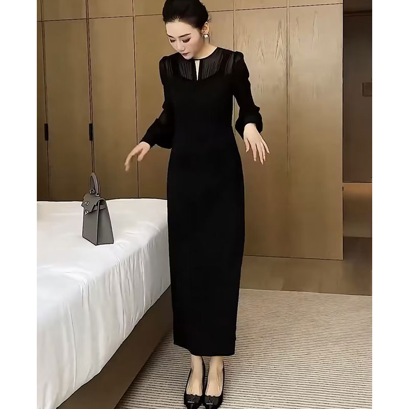 法式气质名媛高级感长袖收腰显瘦黑色裙子高冷御姐风连衣裙女春秋
