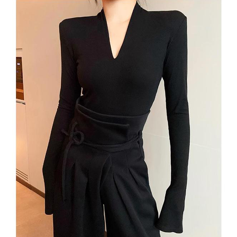 纯色V领德绒打底衫女春秋新款内搭马蹄袖修身显瘦百搭长袖上衣T恤