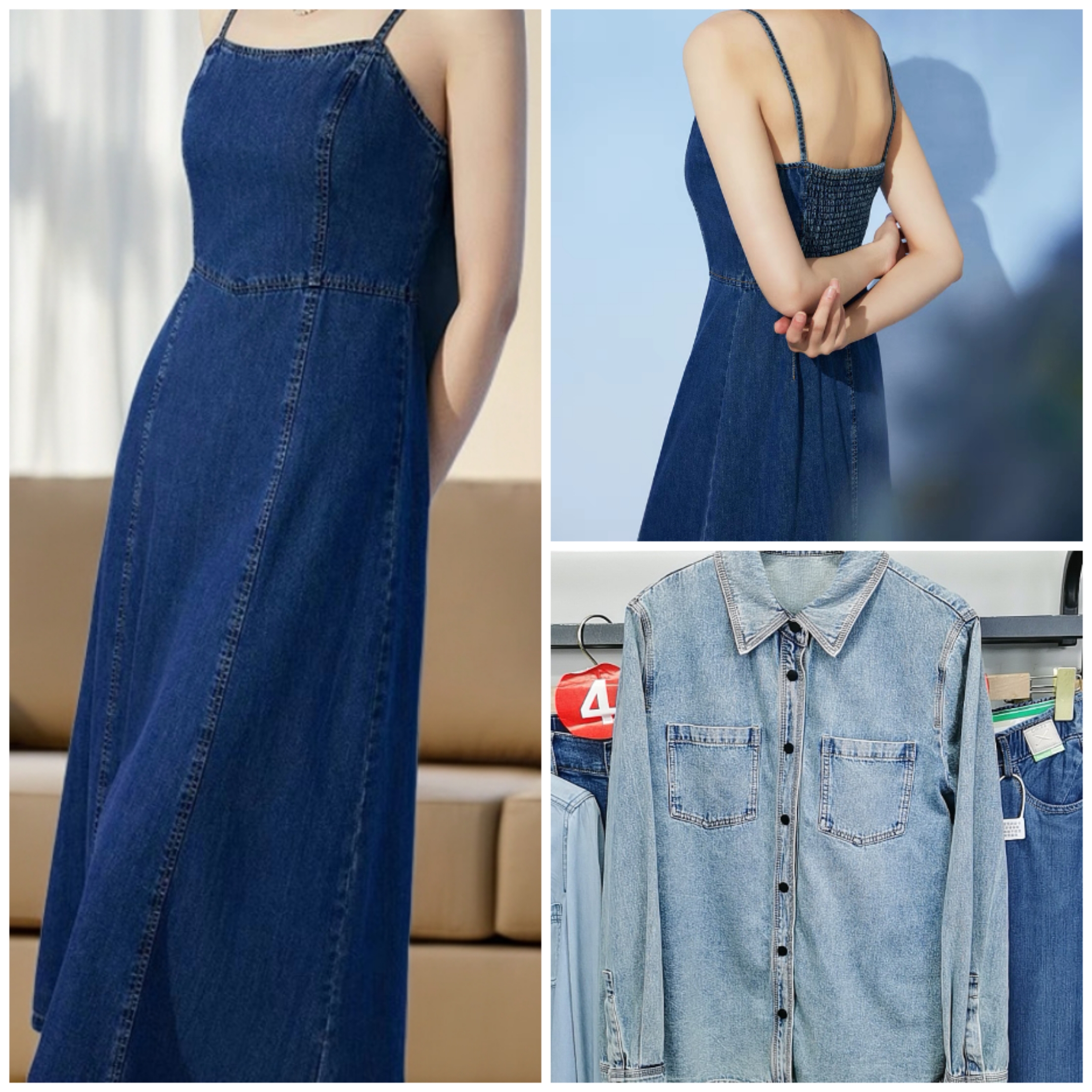 复古做旧蓝色100棉软牛仔百搭连衣裙/衬衫女新款百搭正肩叠穿休闲
