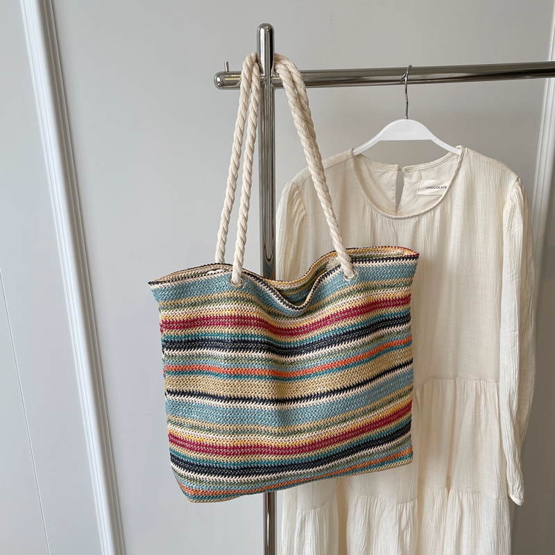 海边度假草编包包女大容量彩虹编织手提袋外出旅行通勤单肩托特包