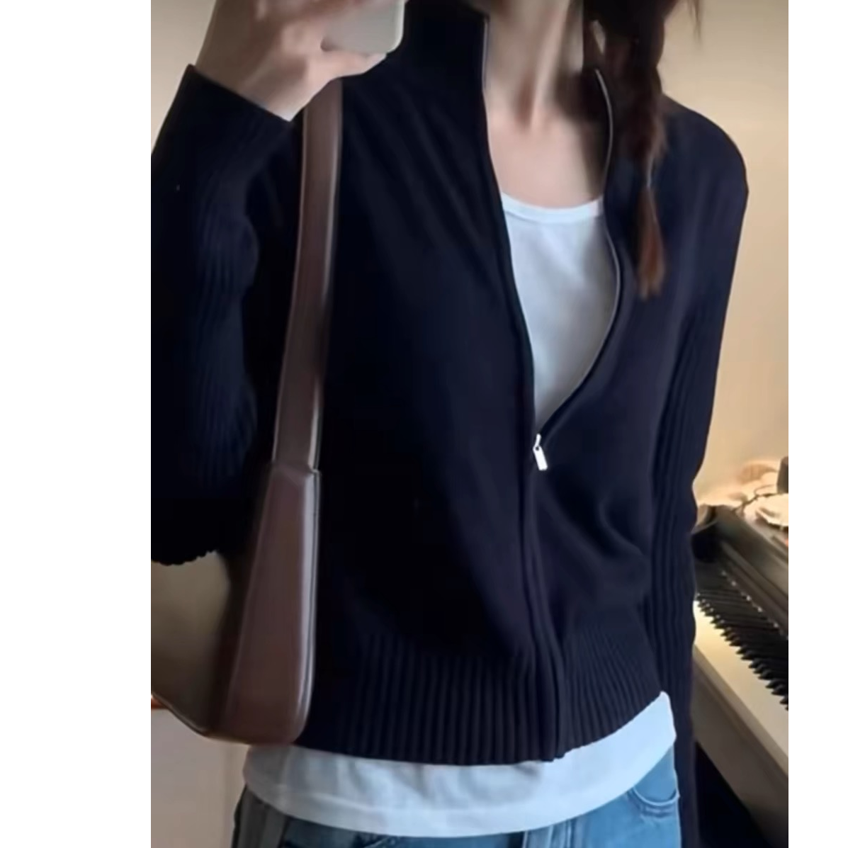 秋冬毛衣开衫女拉链长袖显瘦网红百搭外套设计感针织短款上衣88