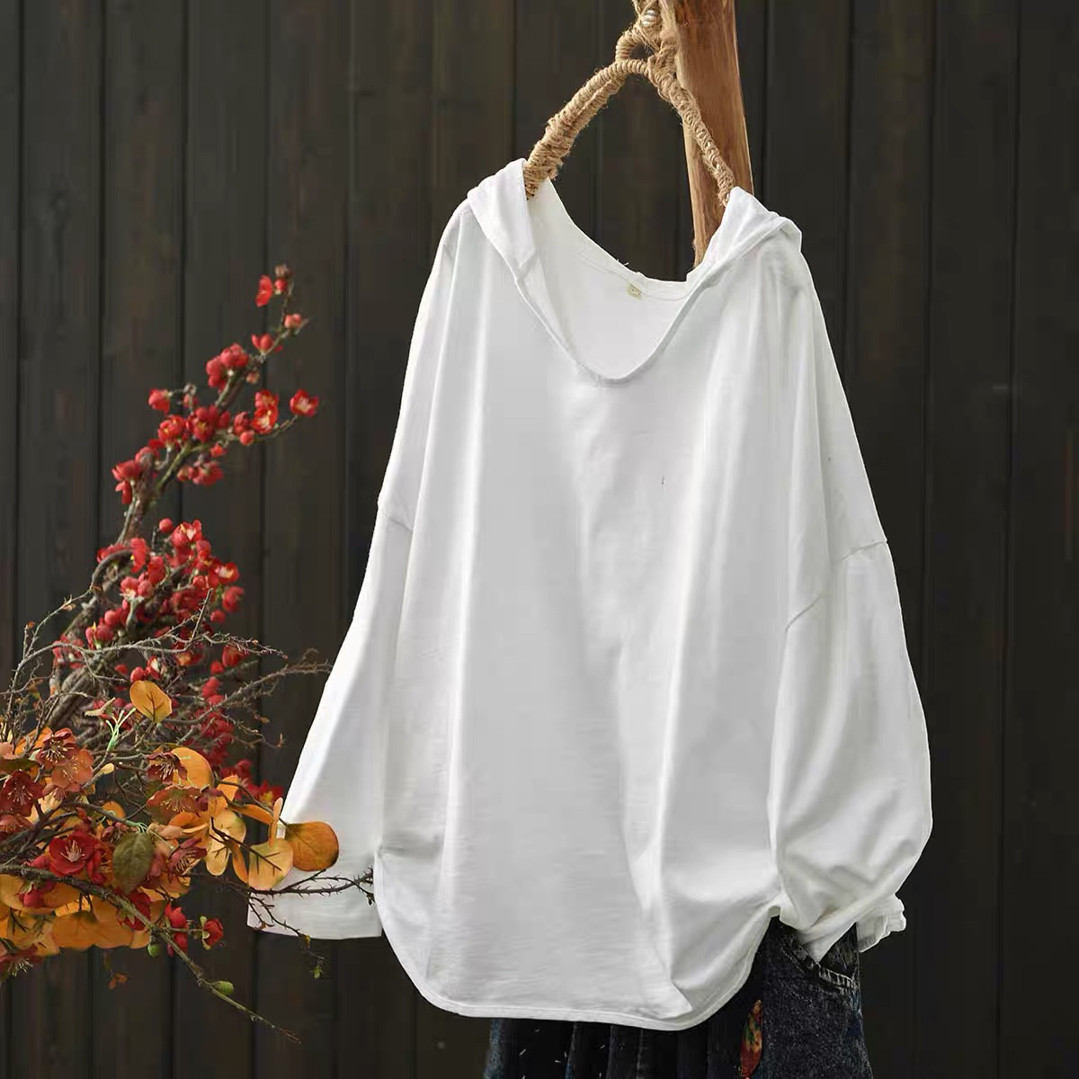 2487帽V领纯色长袖套头女新款大码休闲T恤水洗竹节棉百搭时尚