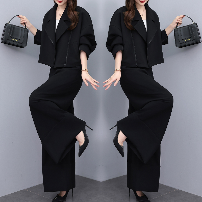 高端黑色三件套女装2025秋季新款高腰阔腿裤短款外套时尚气质套装
