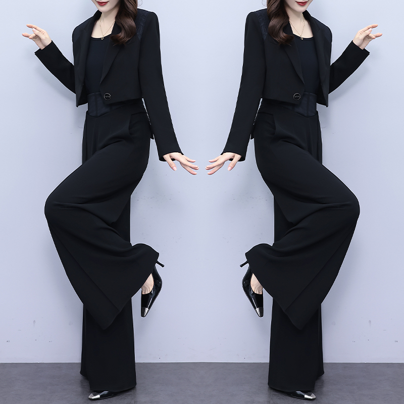 黑色三件套女西装2025春季新款显瘦阔腿裤修身女神范气质套装时尚