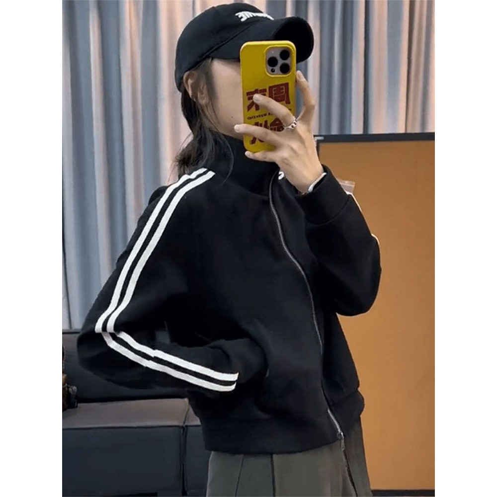 韩版立领三条杠拉链开衫卫衣女春季2025新款小个子短款棒球服外套