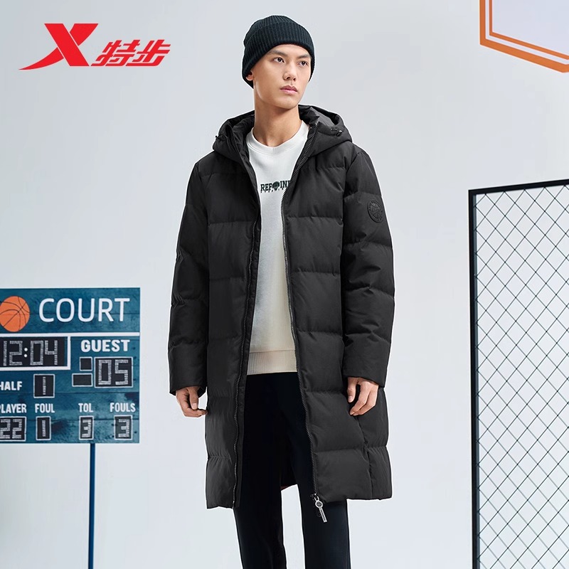 特步男装中长款鸭绒连帽羽绒服冬季新款男子休闲加厚保暖运动外套