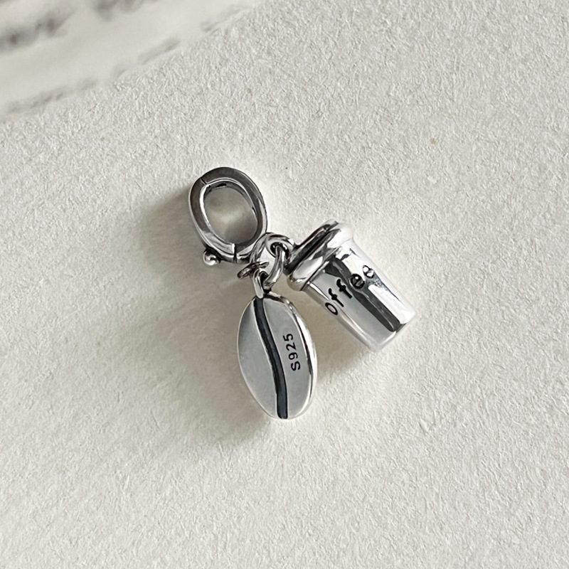 吊坠925银 925纯银咖啡豆咖啡杯吊坠简约复古做旧万能扣项链配件