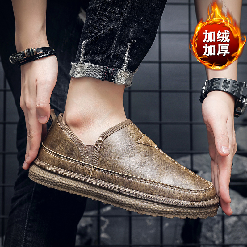 冬季新款男士雪地靴低帮皮面一脚蹬加绒保暖短靴子男防滑面包棉鞋