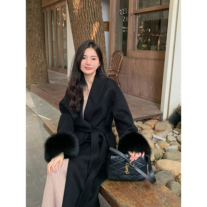 双面羊毛大衣女高个子长款气质仿真狐狸毛袖口高贵气质毛呢外套