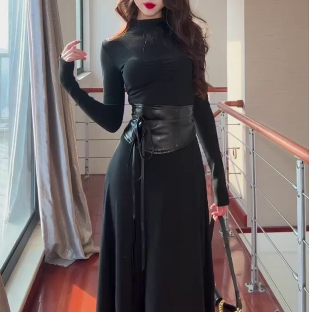 美式高级感黑色打底连衣裙子女2025春季新款收腰显瘦修身鱼尾长裙