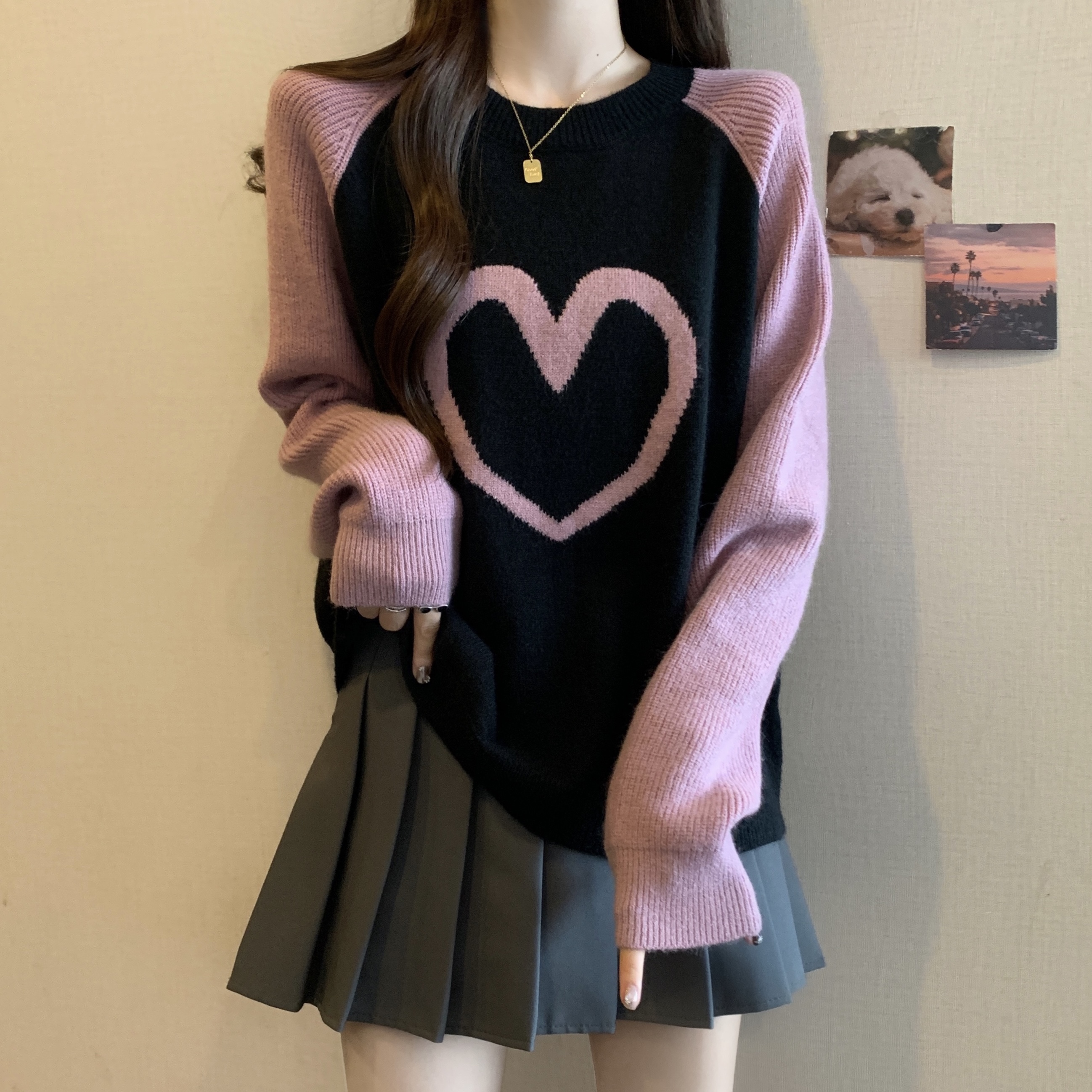 【80-180斤】拼色圆领爱心提花毛衣女秋冬季宽松慵懒减龄打底衫上衣