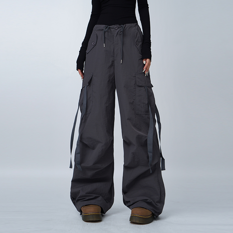 美式伞兵休闲灰色工装裤女高腰飘带抽绳hiphop舞蹈裤直筒降落伞裤