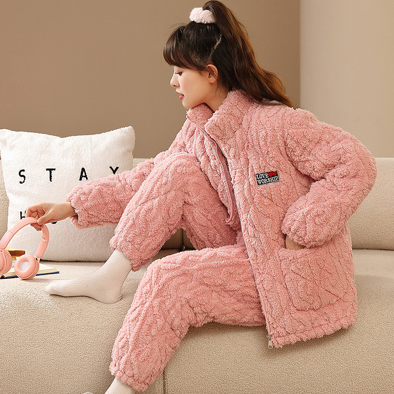 冬季珊瑚绒三层夹棉睡衣女加厚保暖加绒套装拉链法兰绒甜美家居服