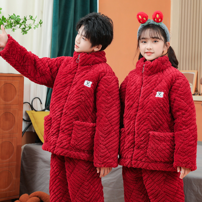 冬季儿童三层夹棉珊瑚绒睡衣男童男孩加绒加厚女童超厚家居服套装