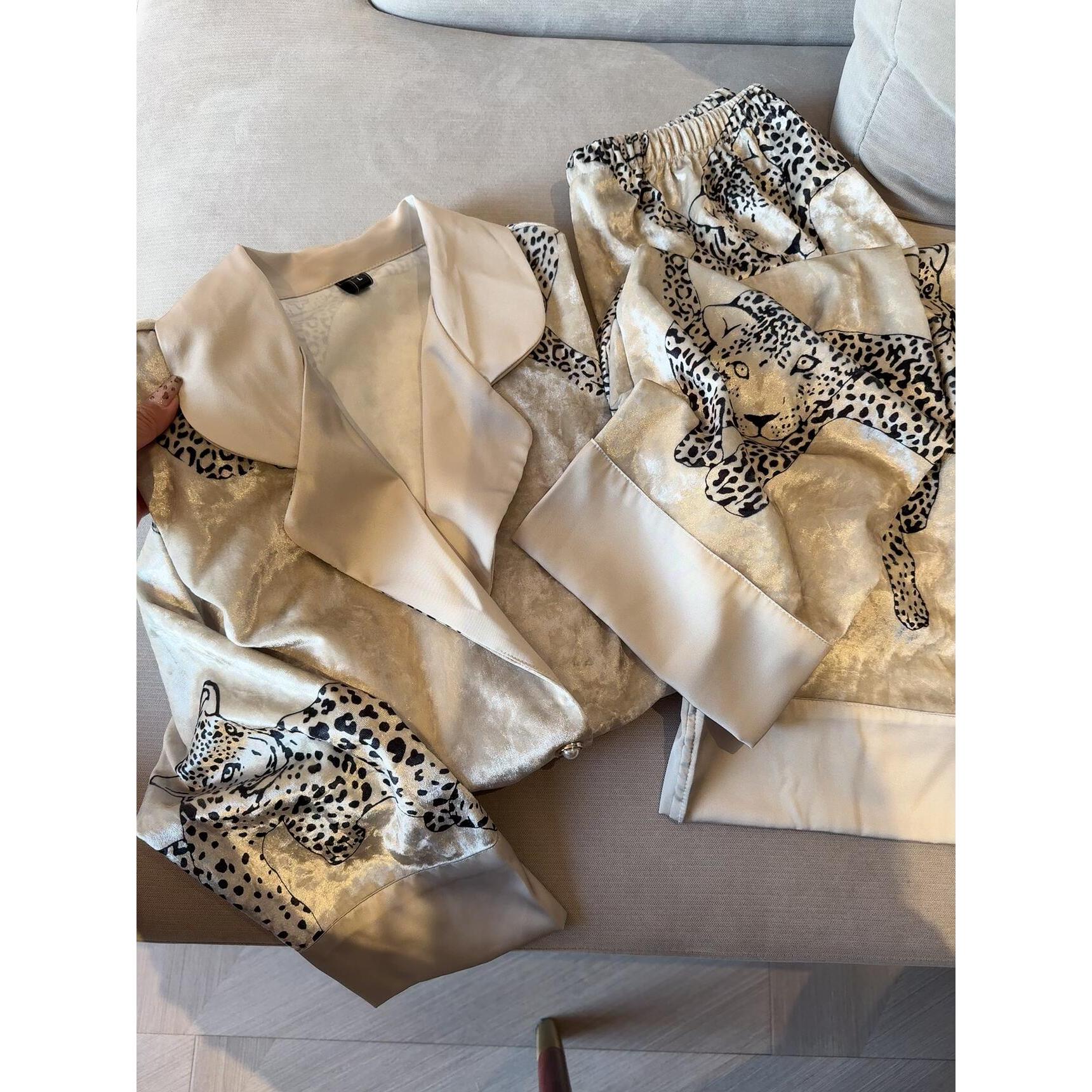 法式花豹金丝绒睡衣秋冬款女士轻奢高级感加绒加厚家居服大码套装