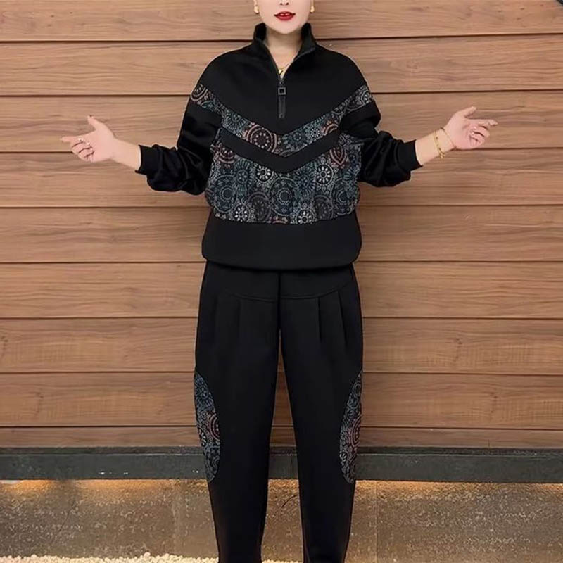 2025秋季新款时尚休闲运动套装女宽松显瘦半拉链上衣哈伦裤两件套